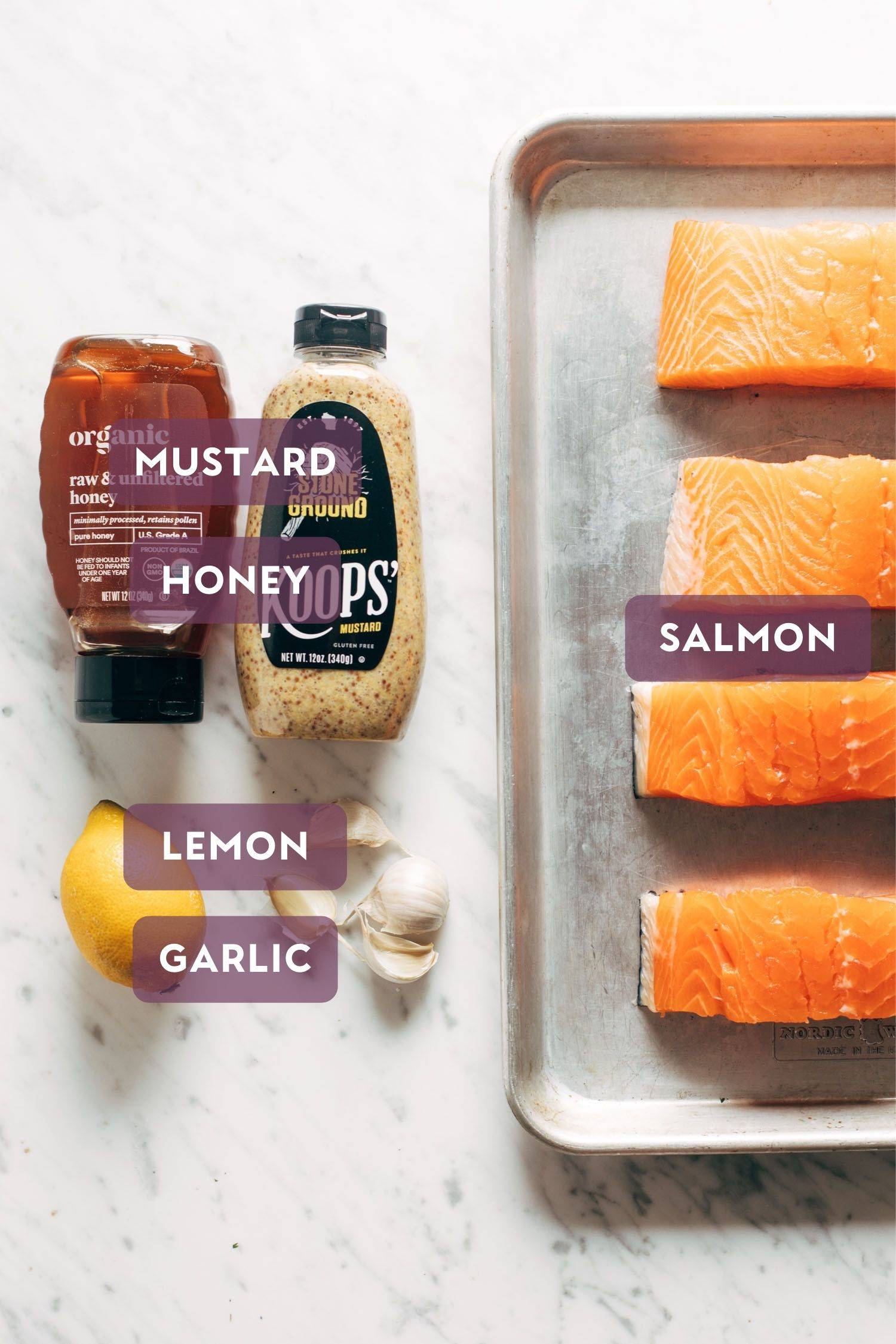 Ingredients for hot honey salmon. Each ingredient is labeled with the name in a purple bubble. 