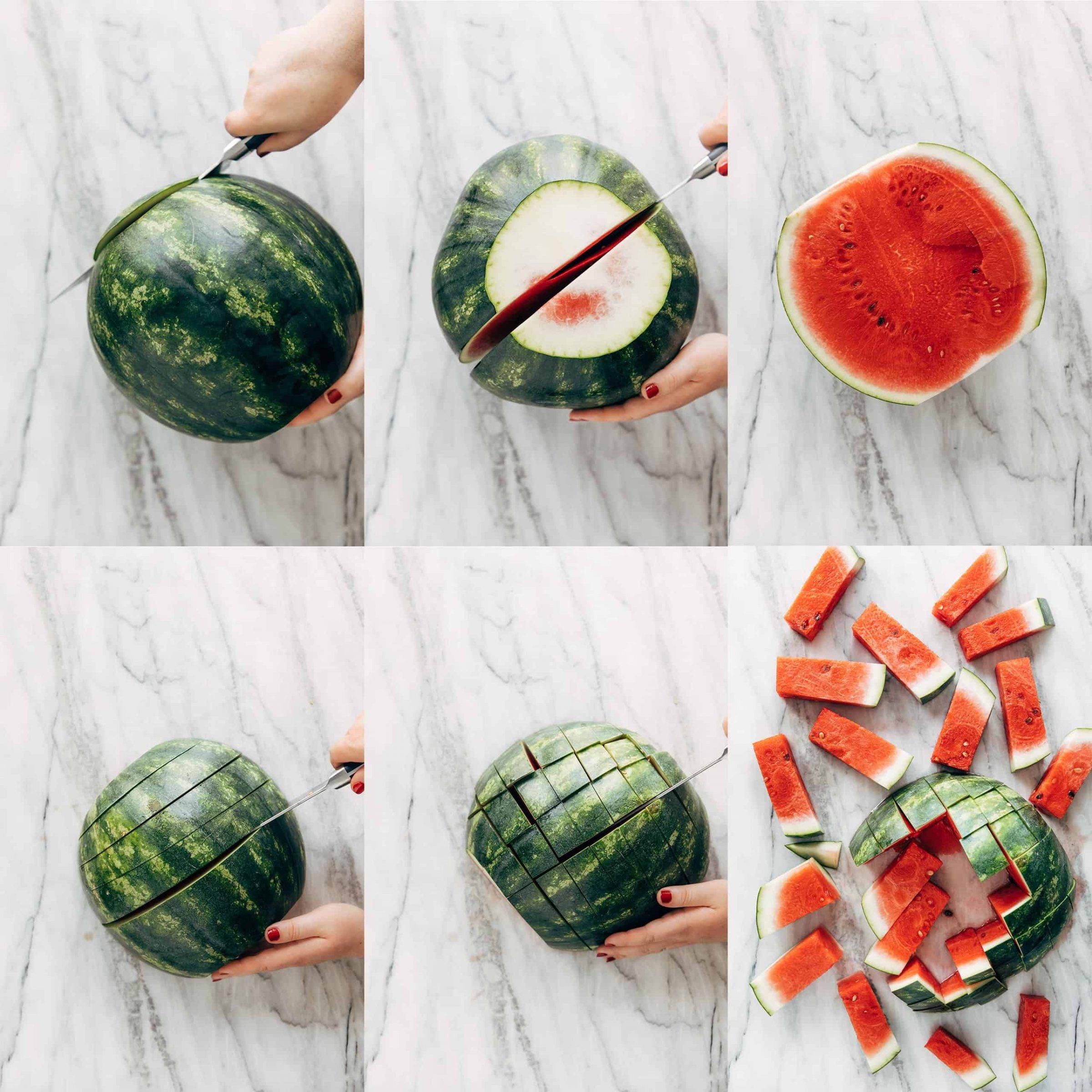 Collage showing how to cut a watermelon into sticks.