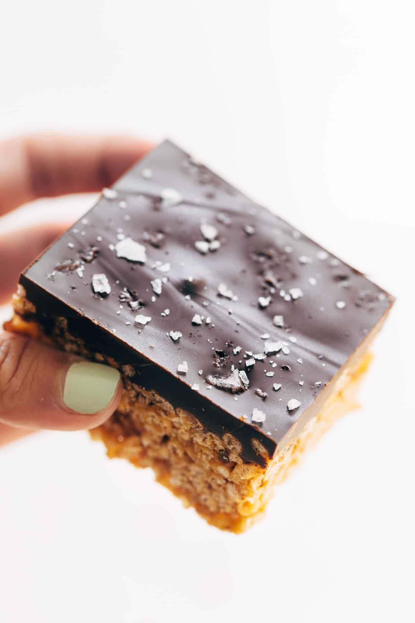 Chocolate-covered peanut butter rice krispie bar.