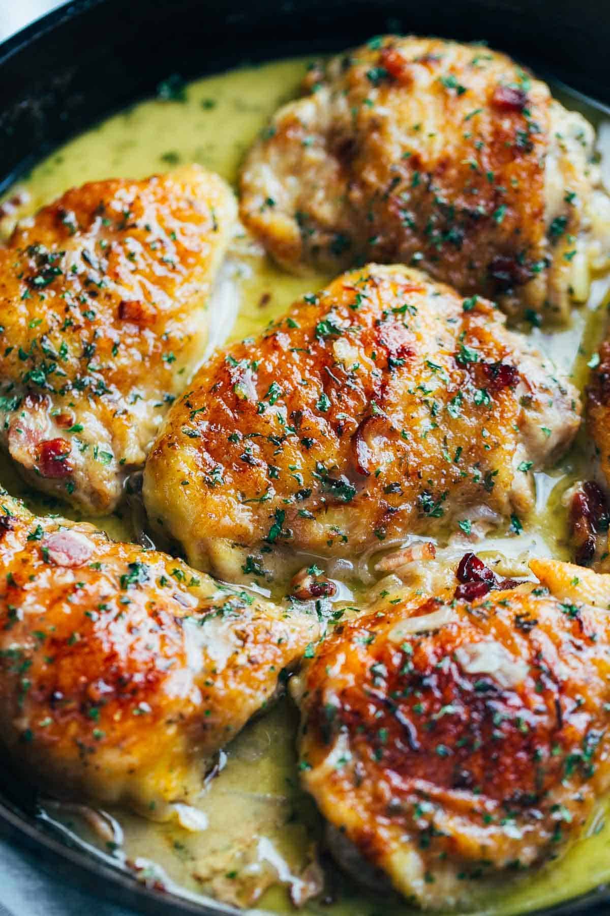 Skillet Chicken with Bacon and White Wine Sauce.