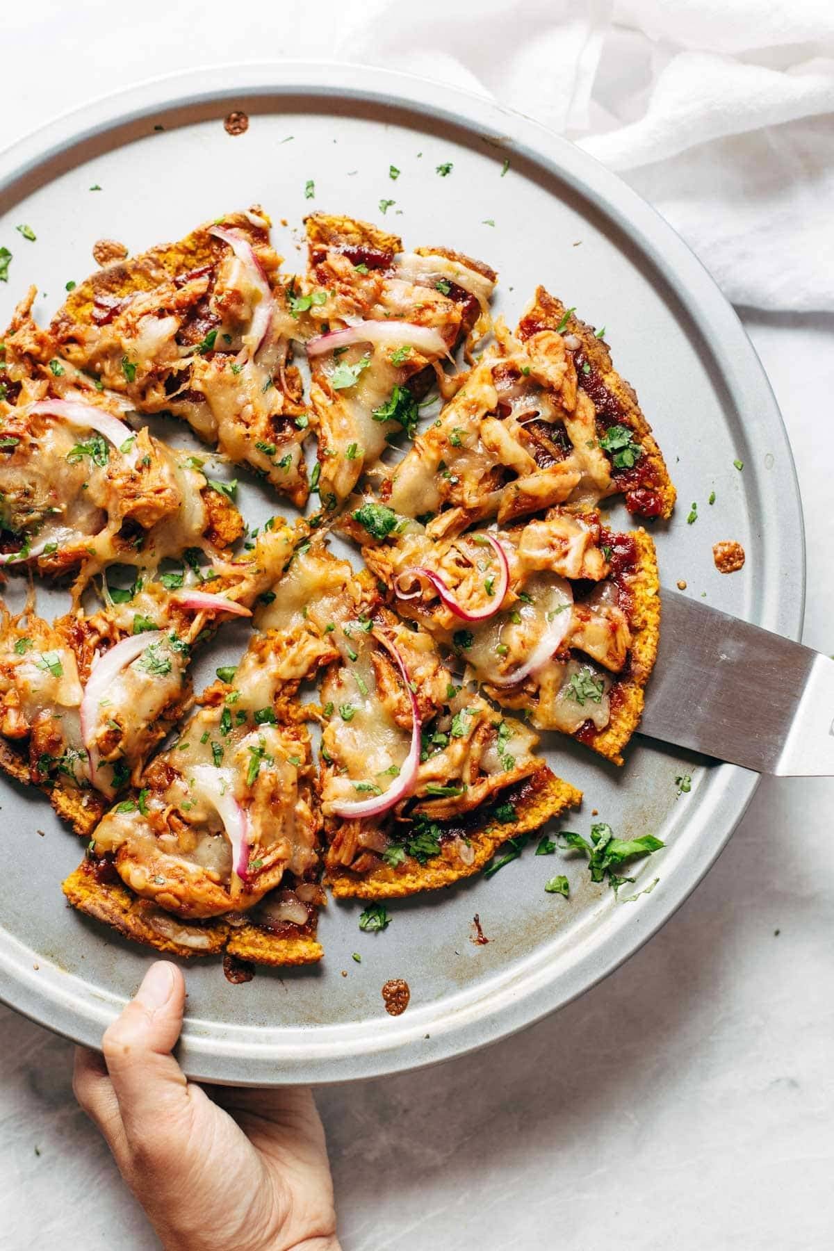 BBQ Chicken Sweet Potato Pizza on a pan.