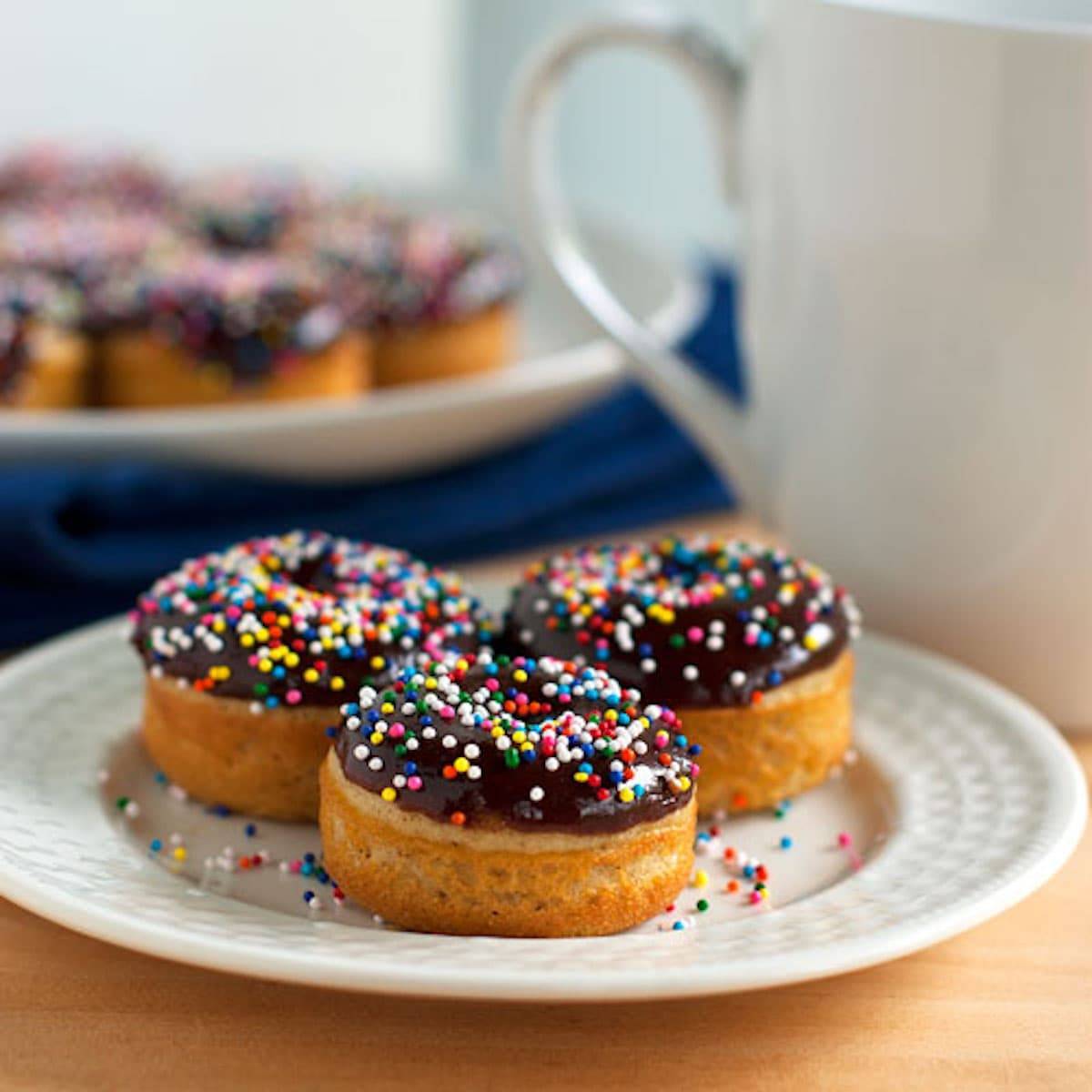 Chocolate glazed baked mini donuts with sprinkles on a plate.
