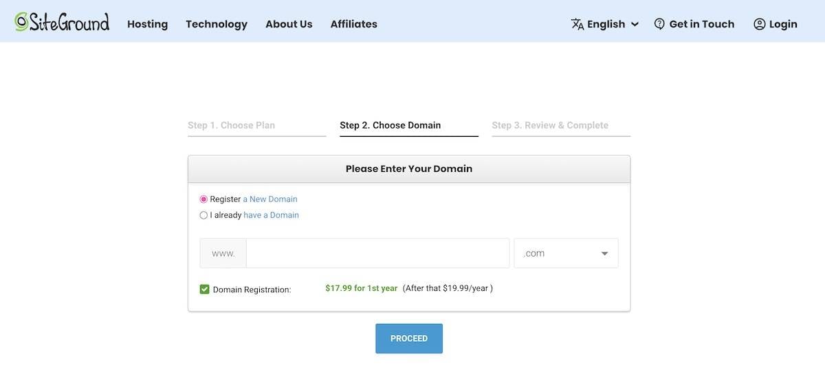 the SiteGround domain registration page