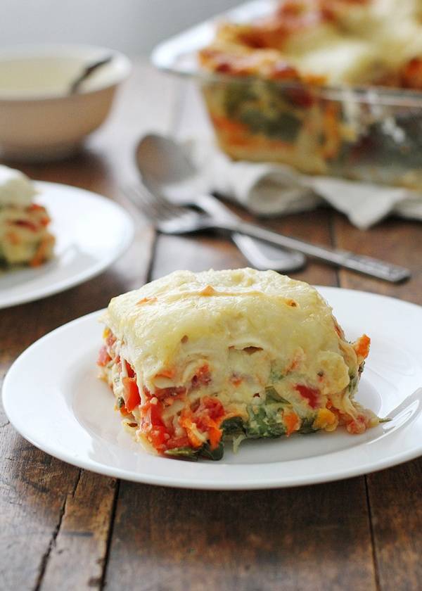 Veggie Alfredo lasagna on a plate.